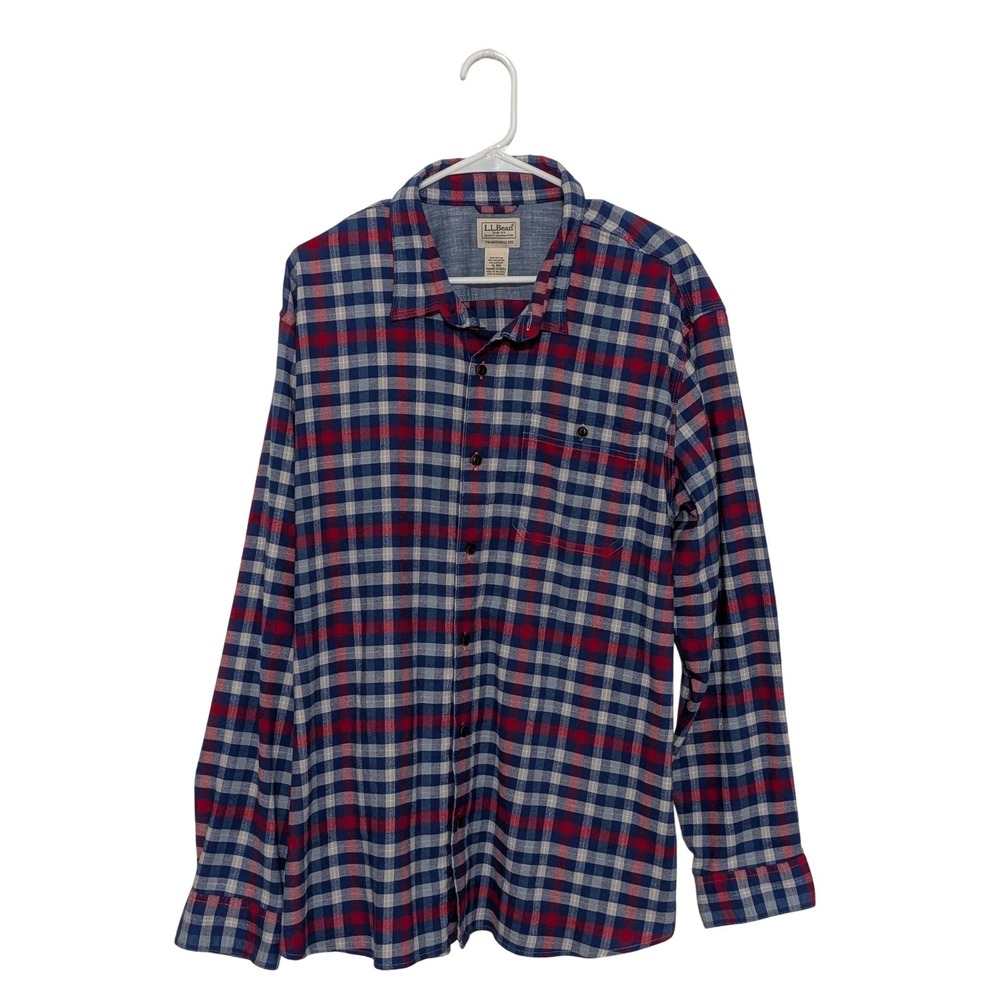 LL Bean Mens XL Plaid Flannel Shirt Red Blue Button Front Long Sleeve
